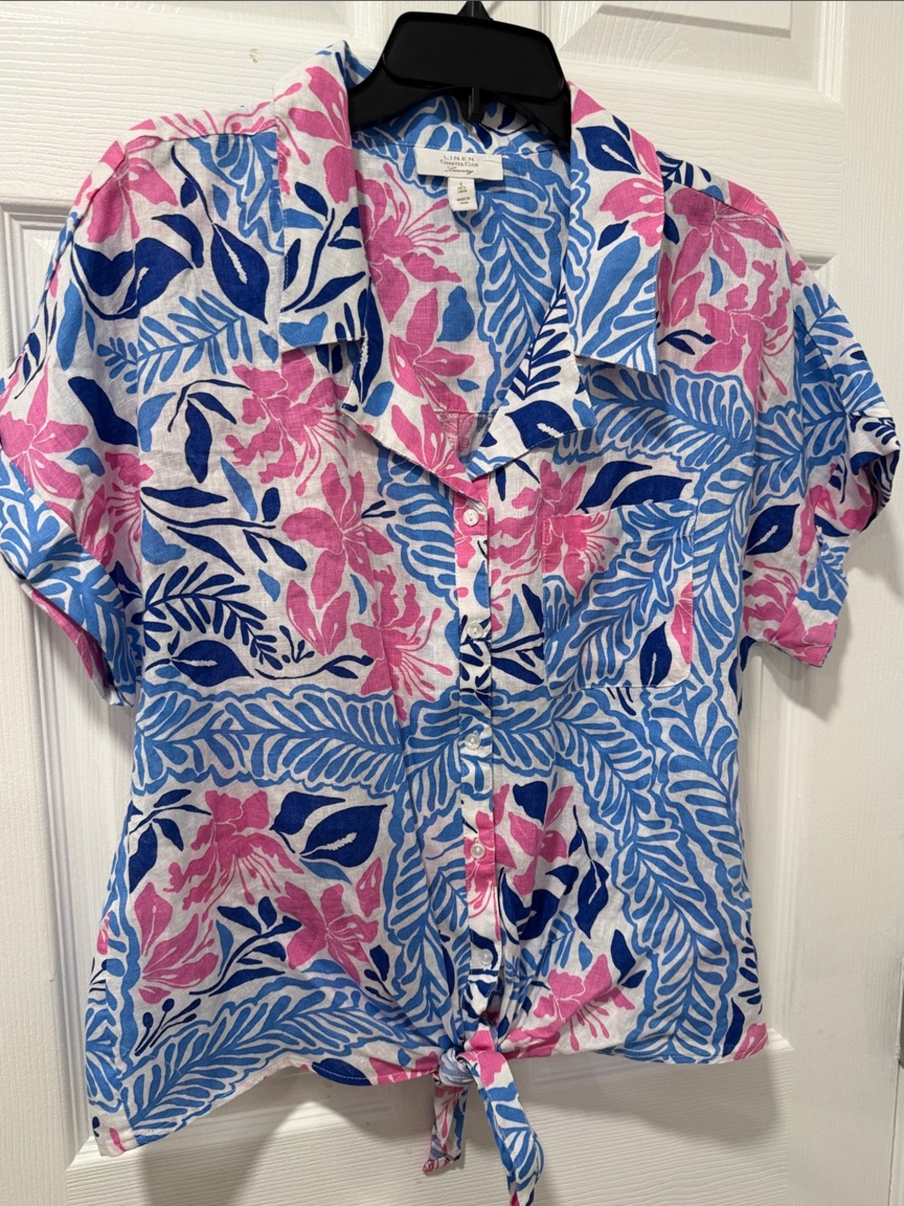 NWOT Charter Club Pink & Blue Floral Tie-Front Button Down Linen Shirt L